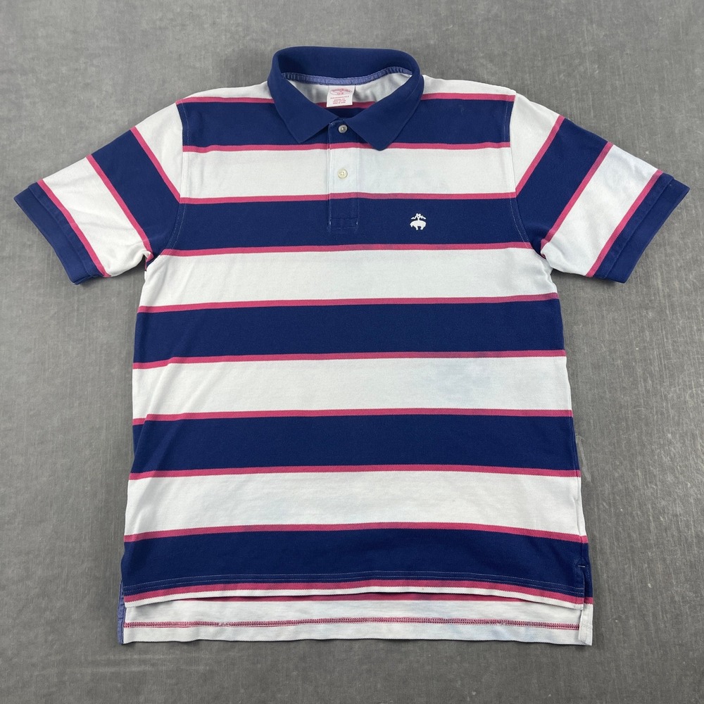 Brooks Brothers Men M Blue White Pink Striped Polo Shirt Performance Logo